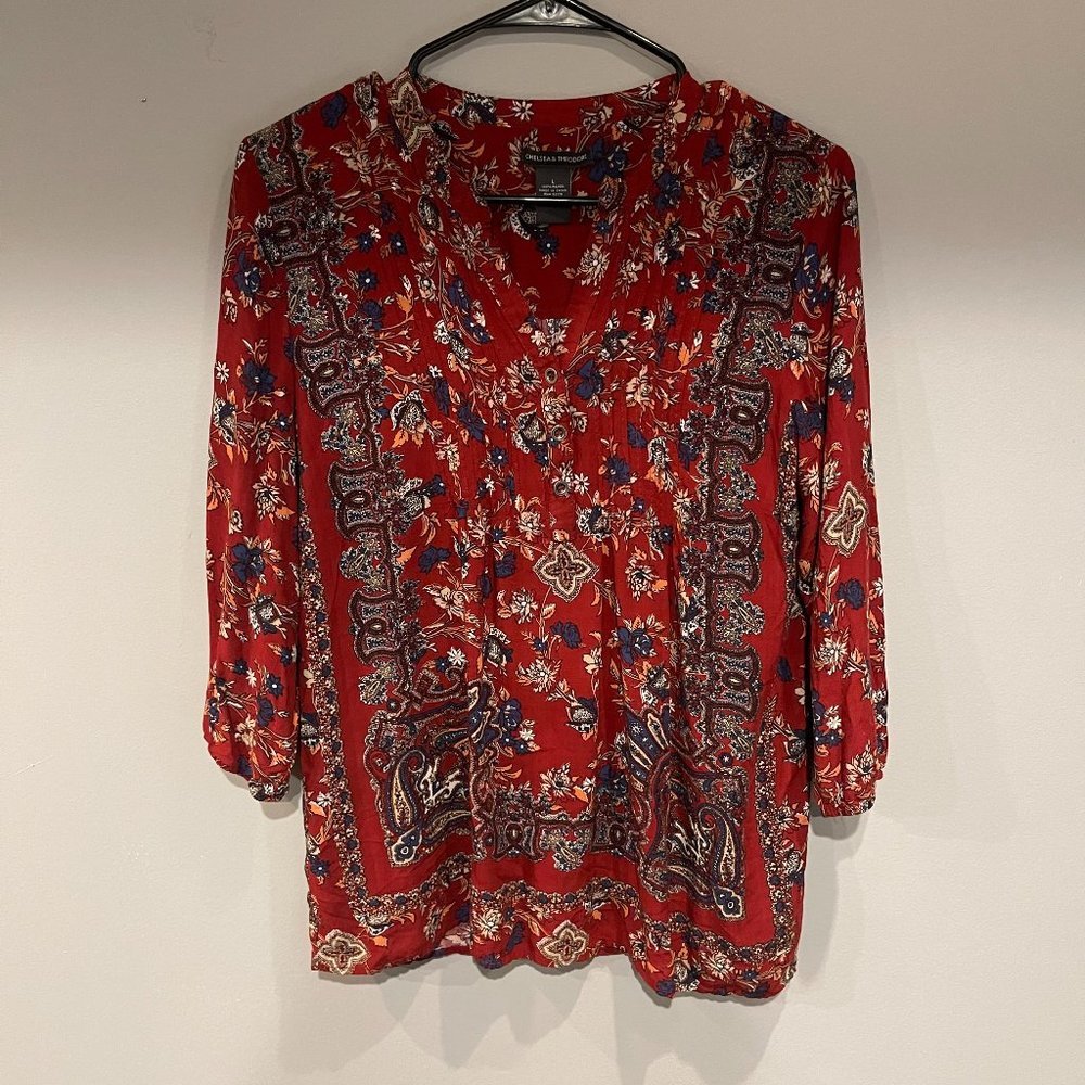 Chelsea & Theodore Red Floral 3/4 Sleeve Women's Blouse